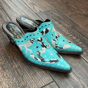 Donald J Pliner Western Couture Sz 9.5 turquoise leather snakeskin cowboy